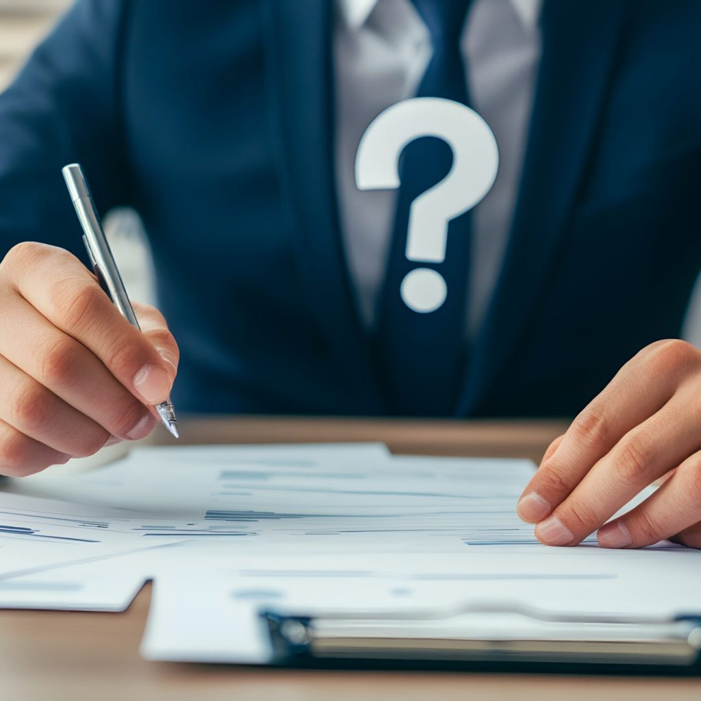 Businessman Reviewing Documents with Question Mark Uncertainty Concept detective privé avec une Tenue professionnelle entrain d'analyser un dossier dans son bureau à montreal